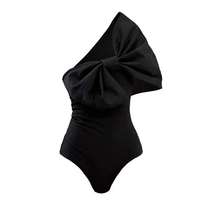 Black and white tube top bow one-piece swimsuit for women, solid colour, high elasticity, with wrap skirt option