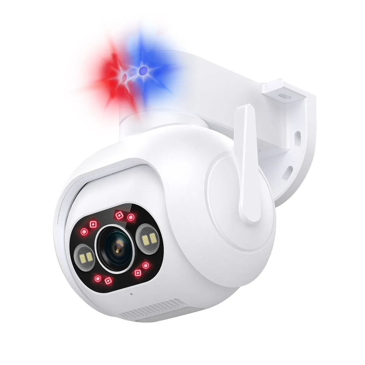 White plastic smart security camera with lens and wall mount bracket