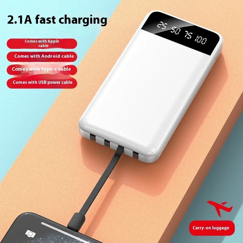 Black industrial-style 20000 mAh power bank with integrated USB charging cable showing compact dimensions.