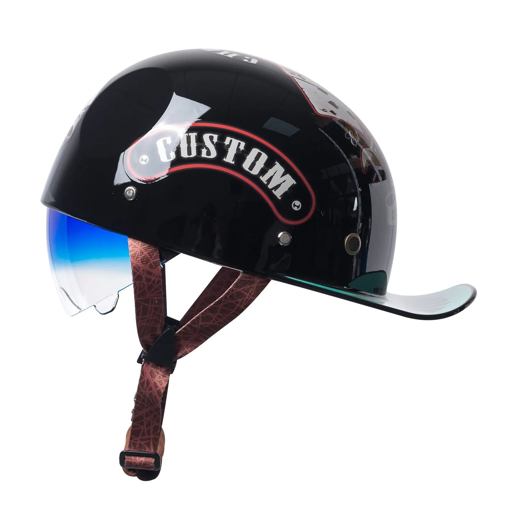 Men's retro electric bicycle half helmet in bright black with a gradient blue lens.