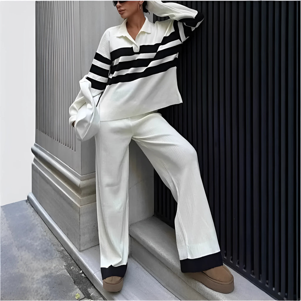 Women's black and white striped polo collar knit two-piece set with matching trousers