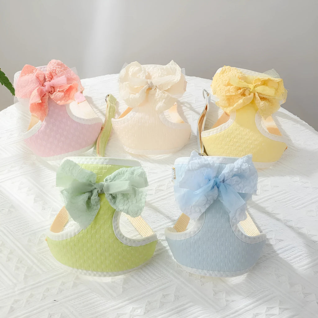 Hand holding rope chest strap for small puppies in beige cloth on a light background