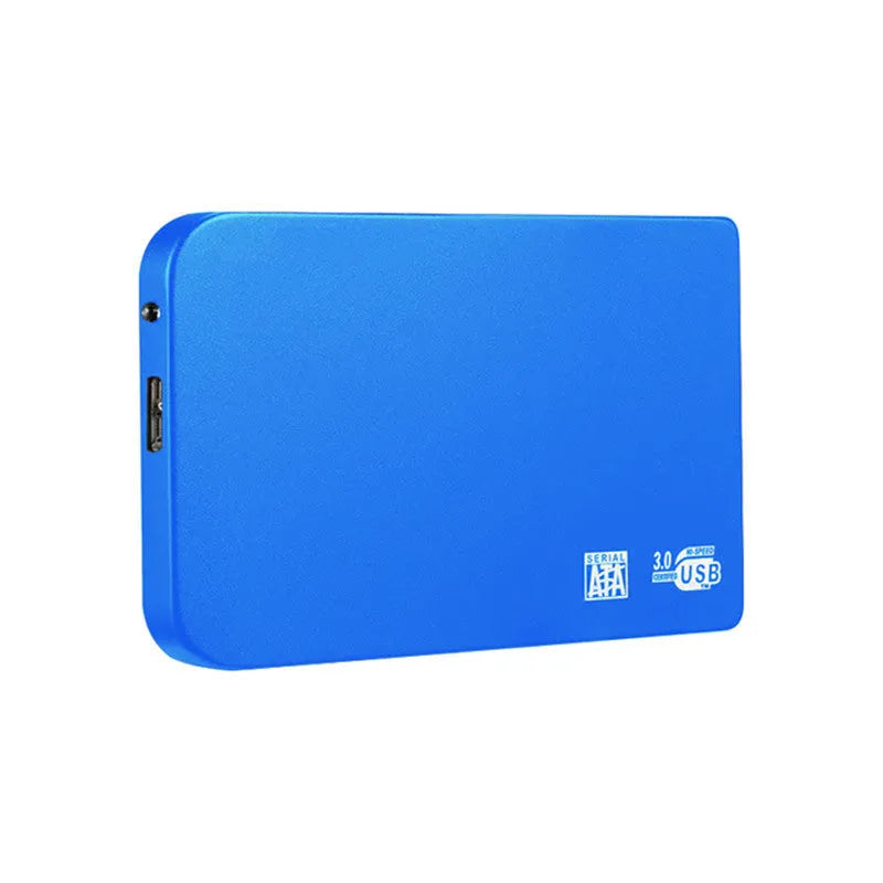 Silver metal external solid state drive with USB 3.0 cable on a desk.
