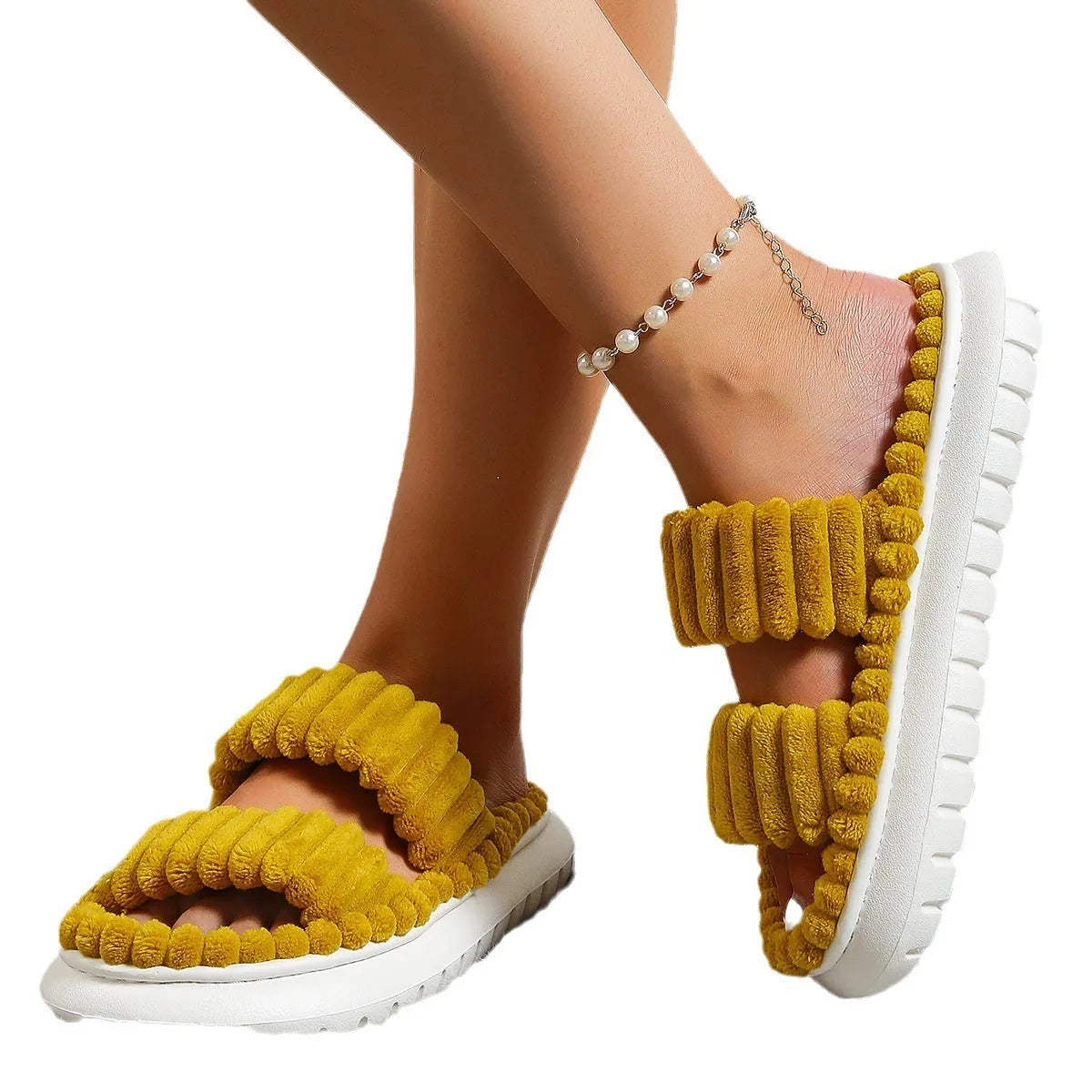 Women's cotton slippers with plush sheepskin suede upper, hollow out design, EVA sole, in black yellow pink white, sizes 36-43