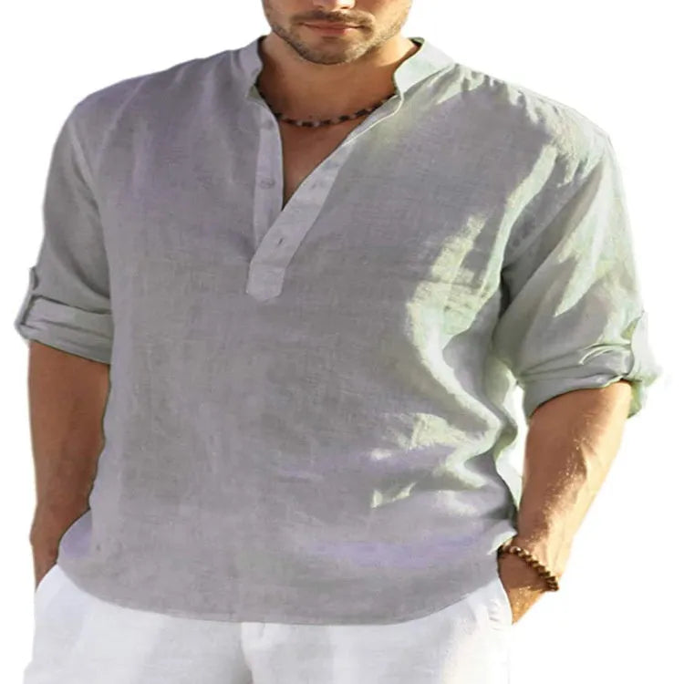 Men's solid colour casual shirt with stand collar and long sleeves in a cotton linen fabric