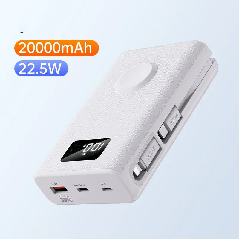 White and black 20000mAh 7-in-1 wireless charger with power bank bracket showing display screen and charging ports