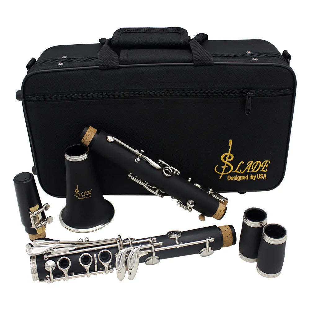Black Bakelite clarinet with nickel-plated 17-key mechanism and protective carry bag