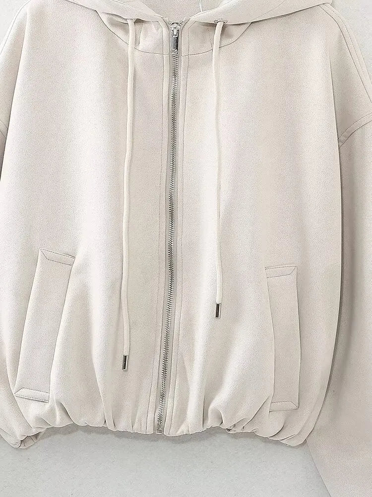 Women's suede hooded jacket in black or white casual styling