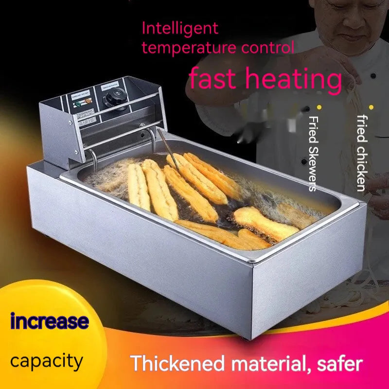 Commercial stainless steel electric deep fryer with temperature control and large cooking capacity
