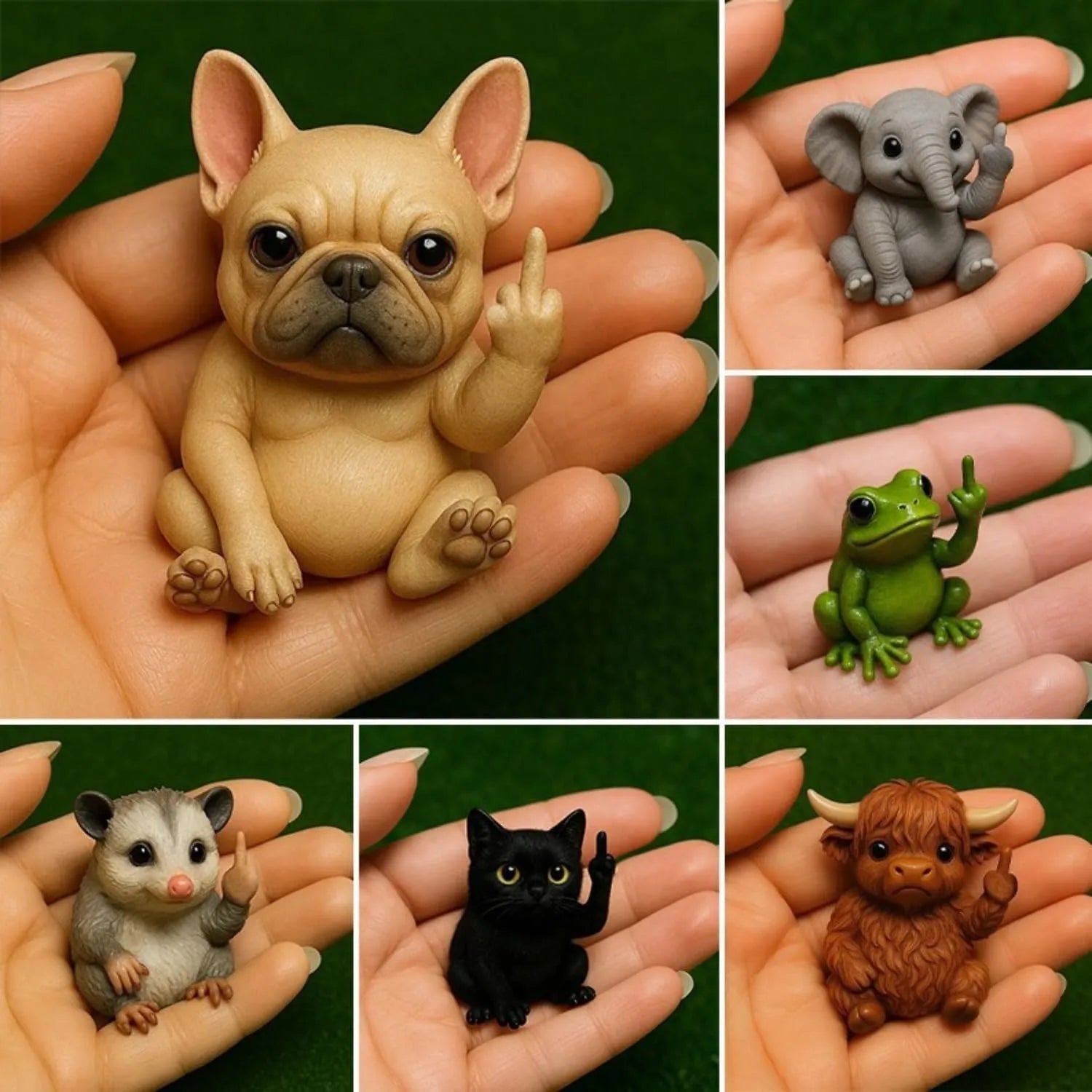 Mini resin animal doll with vertical middle finger design in one of seven animal styles