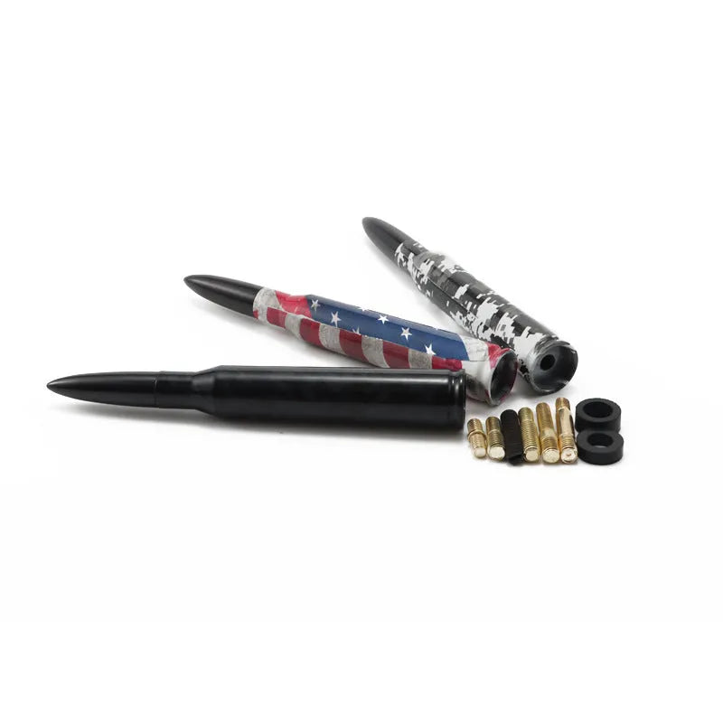 Universal 14cm car antenna shown in colour black, camouflage green, and American flag designs