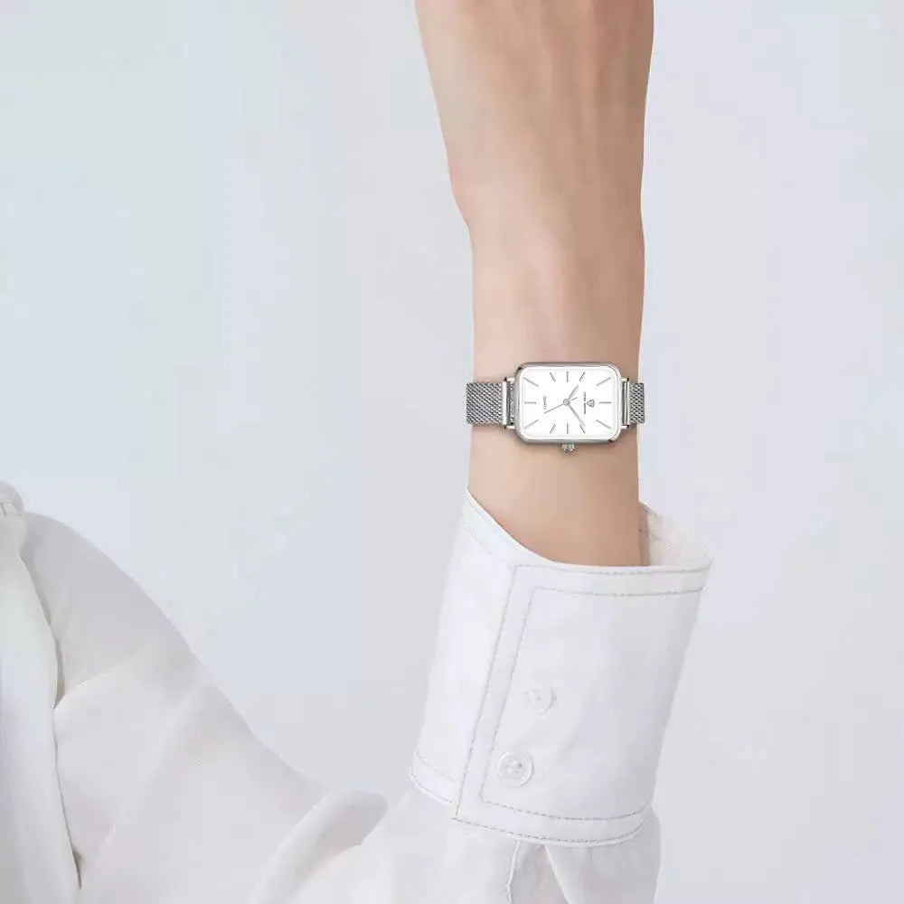 Women's waterproof quartz watch with woven steel strap in rose gold or silver, 34mm alloy case