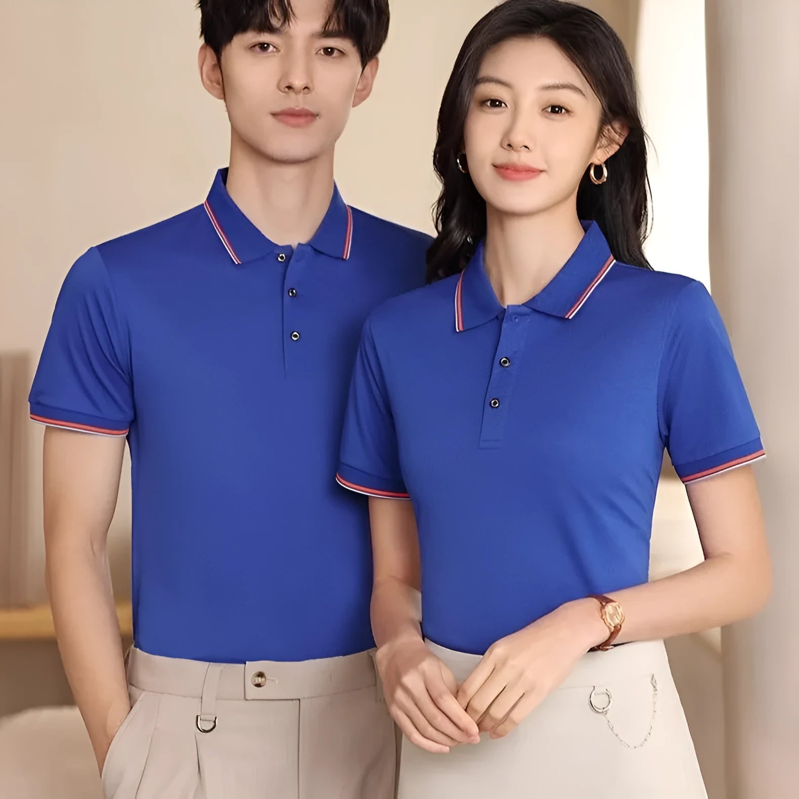 Men's slim fit short sleeve cotton blend t-shirt on a hanger, shown in multiple colour options.