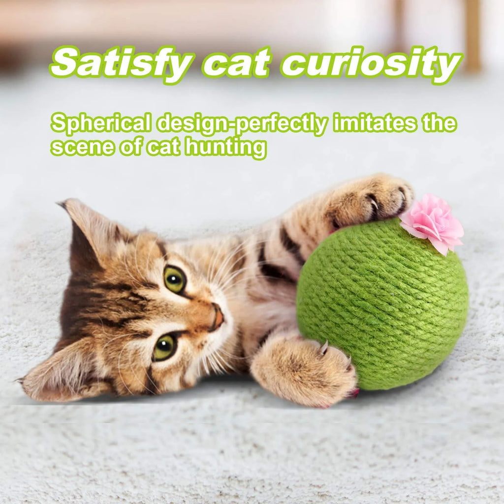 Green cactus-shaped cat scratcher with sisal post, catnip toys, and a tumbler ball on a stable base