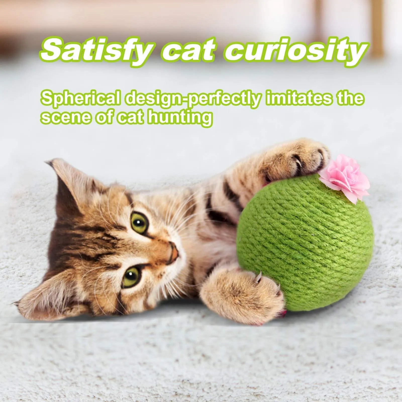 Green cactus-shaped cat scratcher with sisal post, catnip toys, and a tumbler ball on a stable base