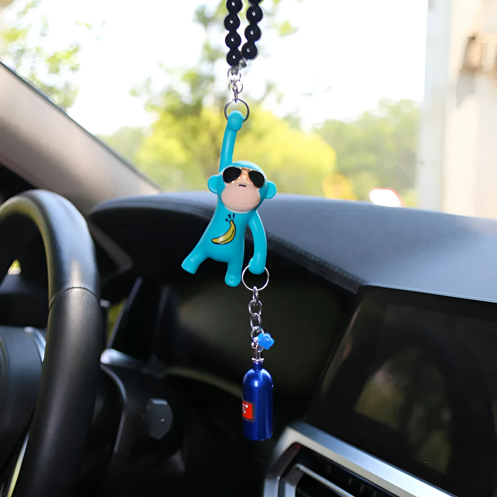 Hip-hop cartoon monkey wearing sunglasses rearview mirror pendant with beaded necklace