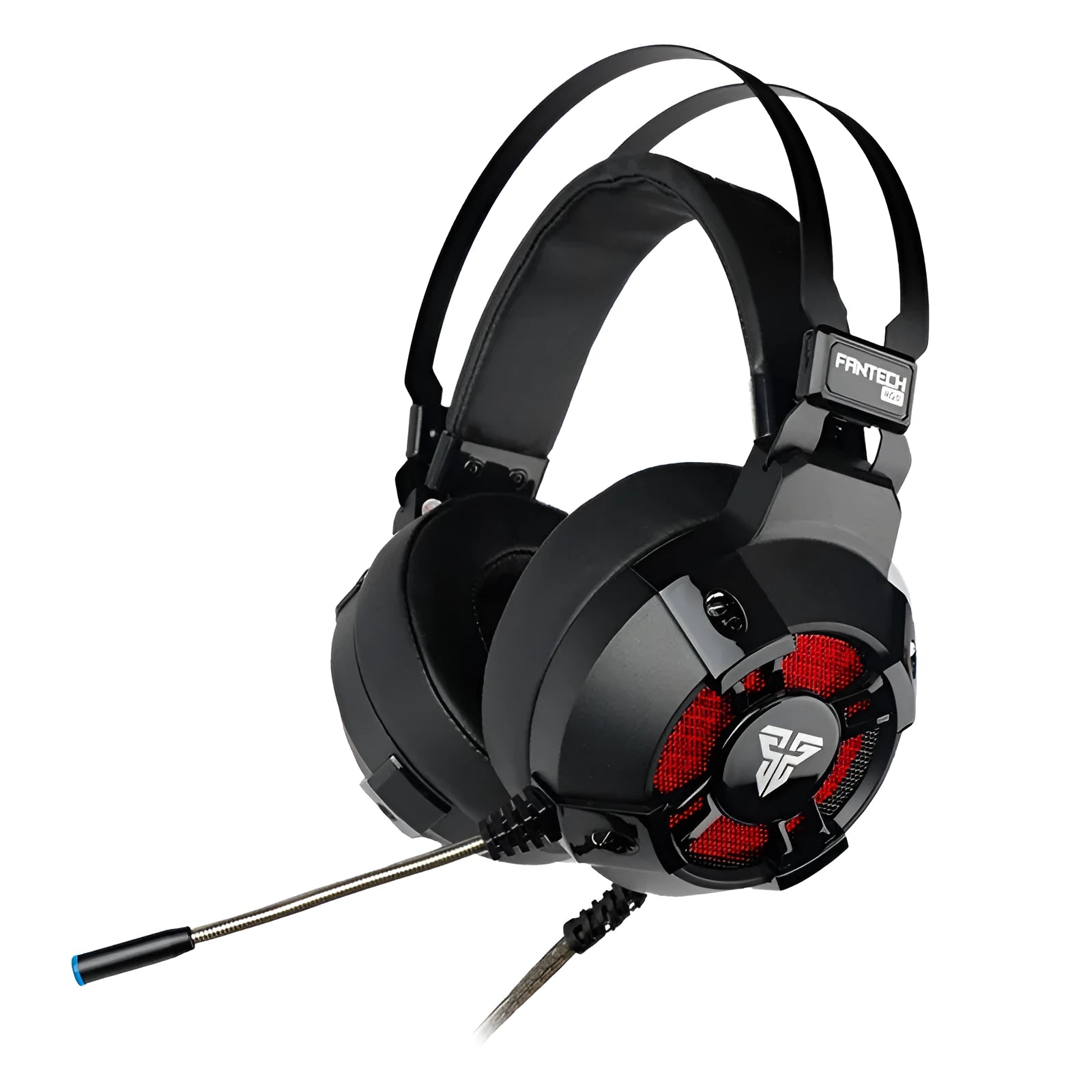 Black FANTECH HG11 USB gaming headset with large ear cups, RGB lighting, and a cable with inline remote control.