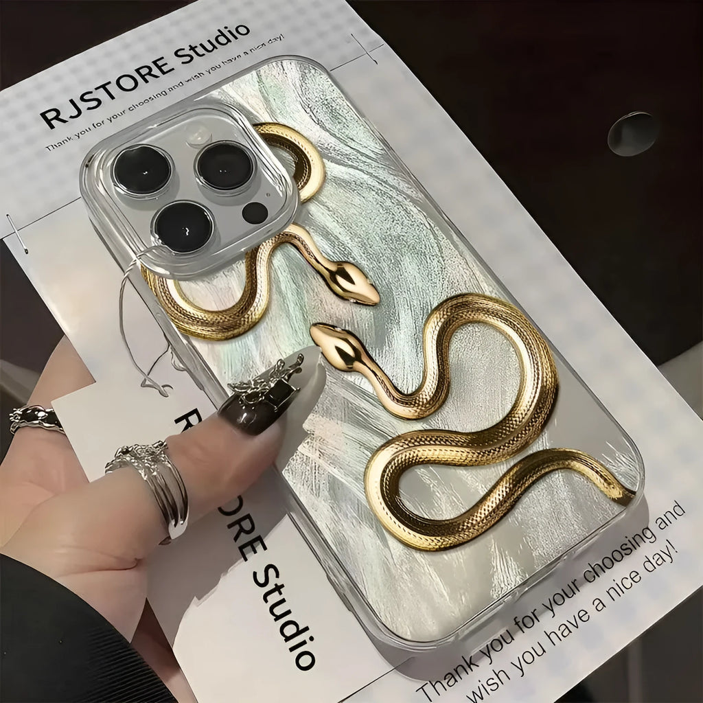 Gold snake design hard PC phone case for iPhone 16 Plus with white base and cartoon style