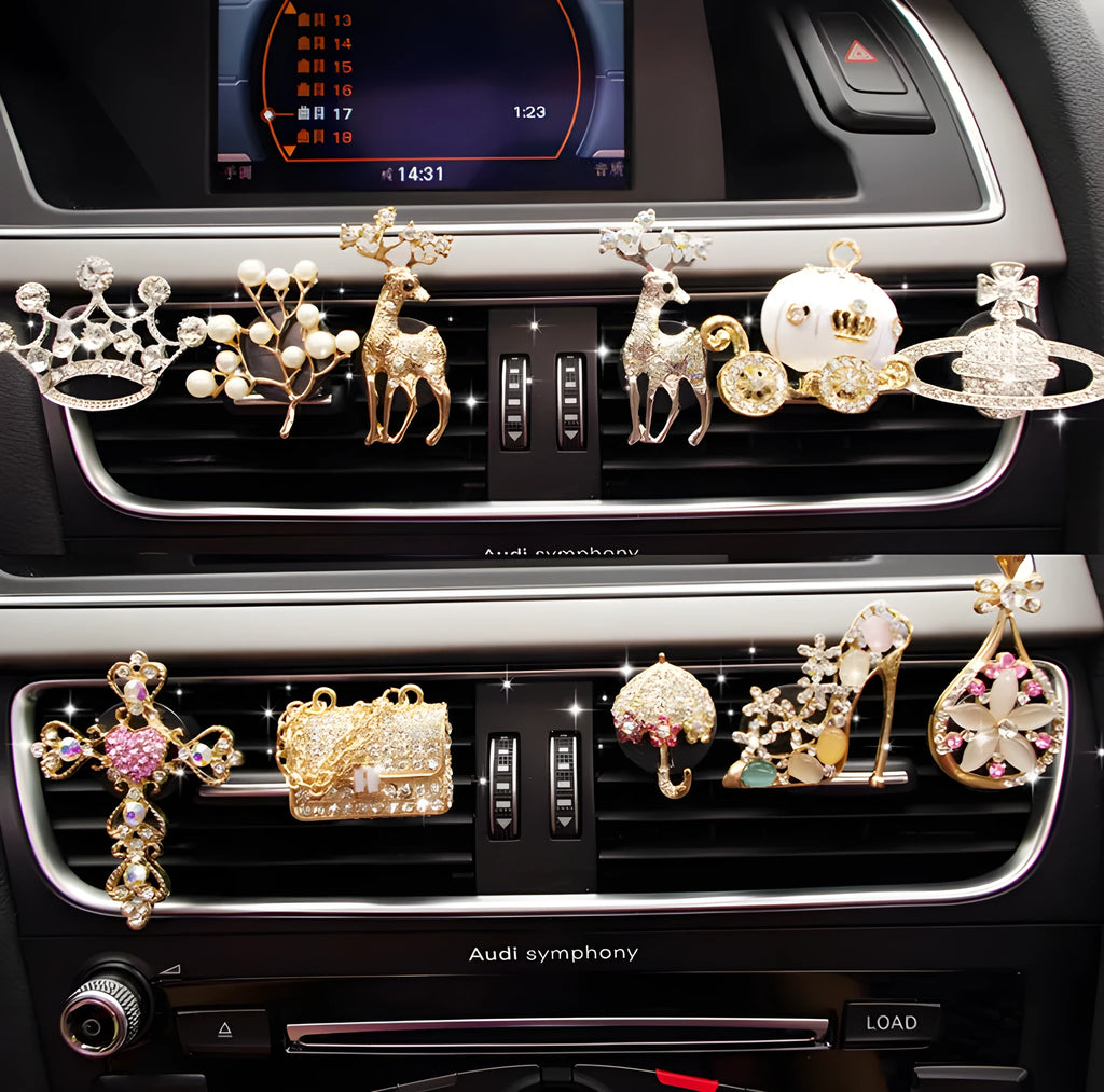 Cartoon-style alloy car air vent fragrance clip in a choice of decorative designs