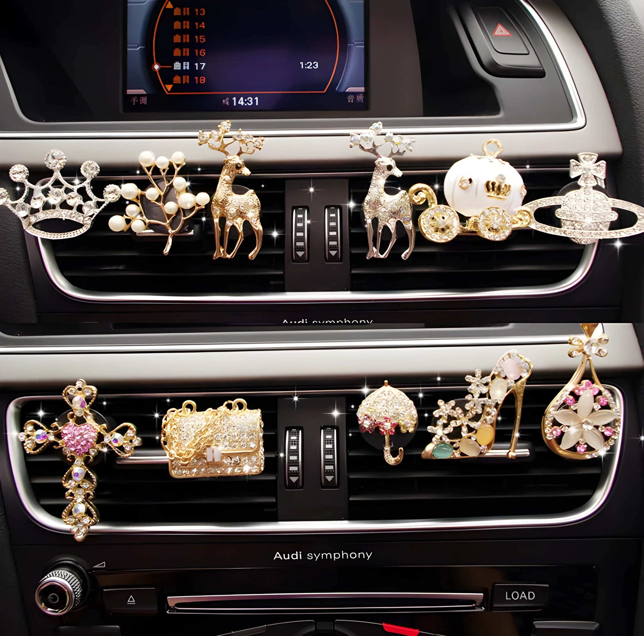Cartoon-style alloy car air vent fragrance clip in a choice of decorative designs