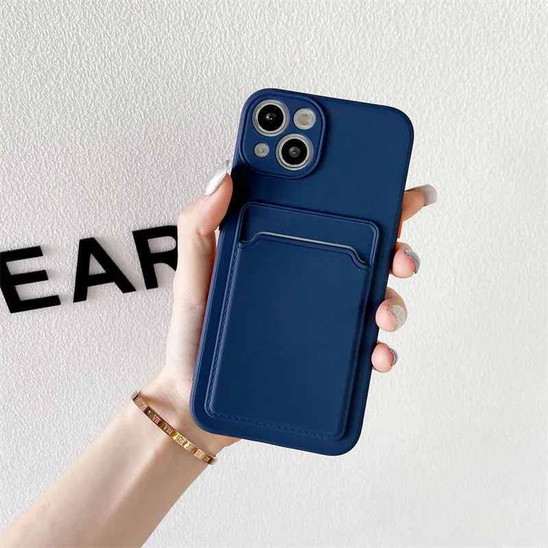 Sky blue colour blocking TPU silicone iPhone case with an integrated card slot.
