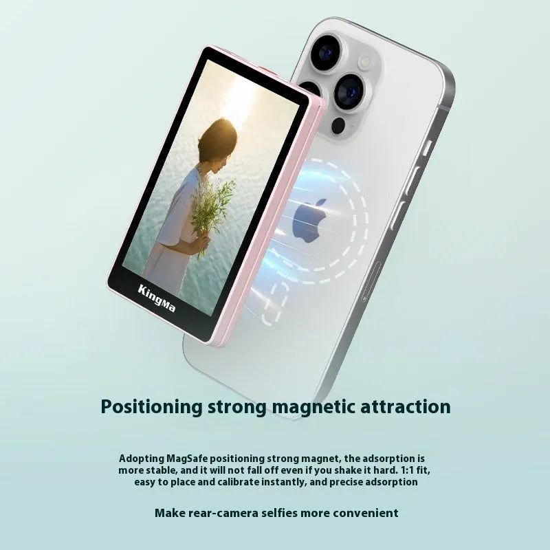 Wireless Bluetooth selfie display showing 1080p screen, available in pink and black models, lightweight 210g