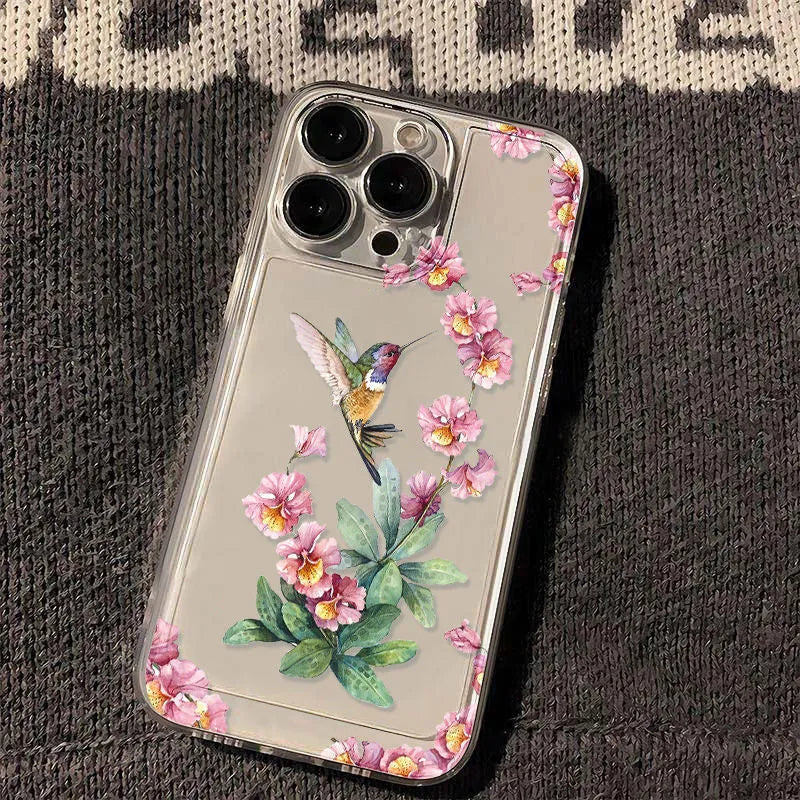 Flower Magpie transparent TPU phone case with fine-hole cutouts for iPhone lying on a flat surface