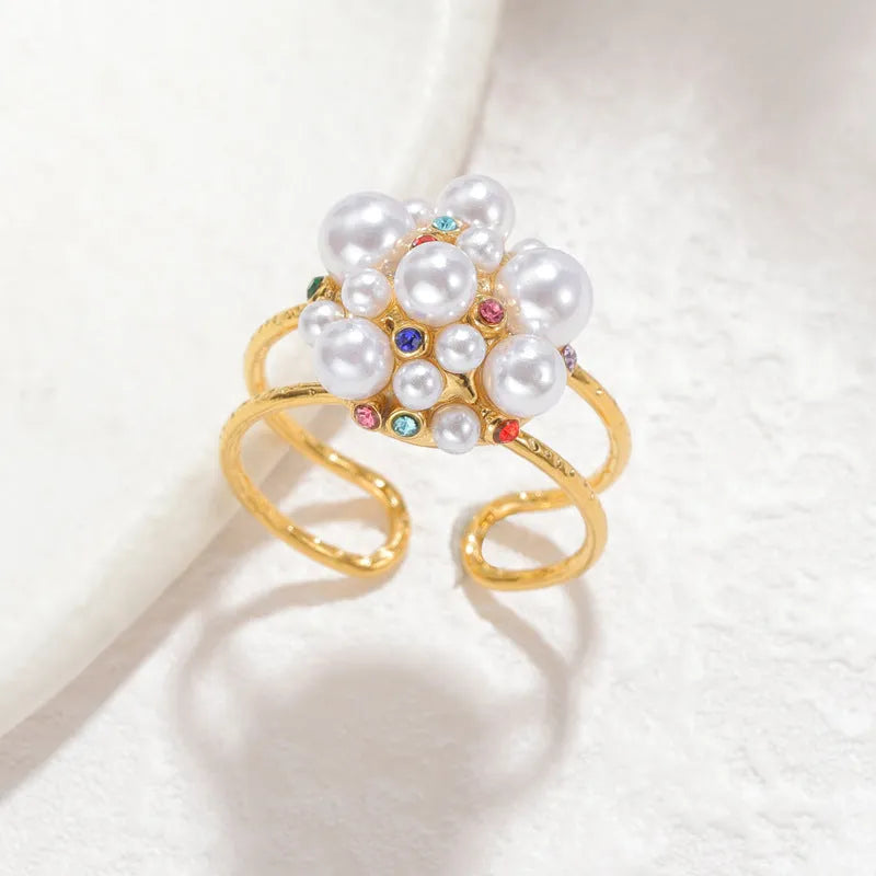 Women's stainless steel open mouth ring with pearl and zircon detailing in round and heart-shaped styles