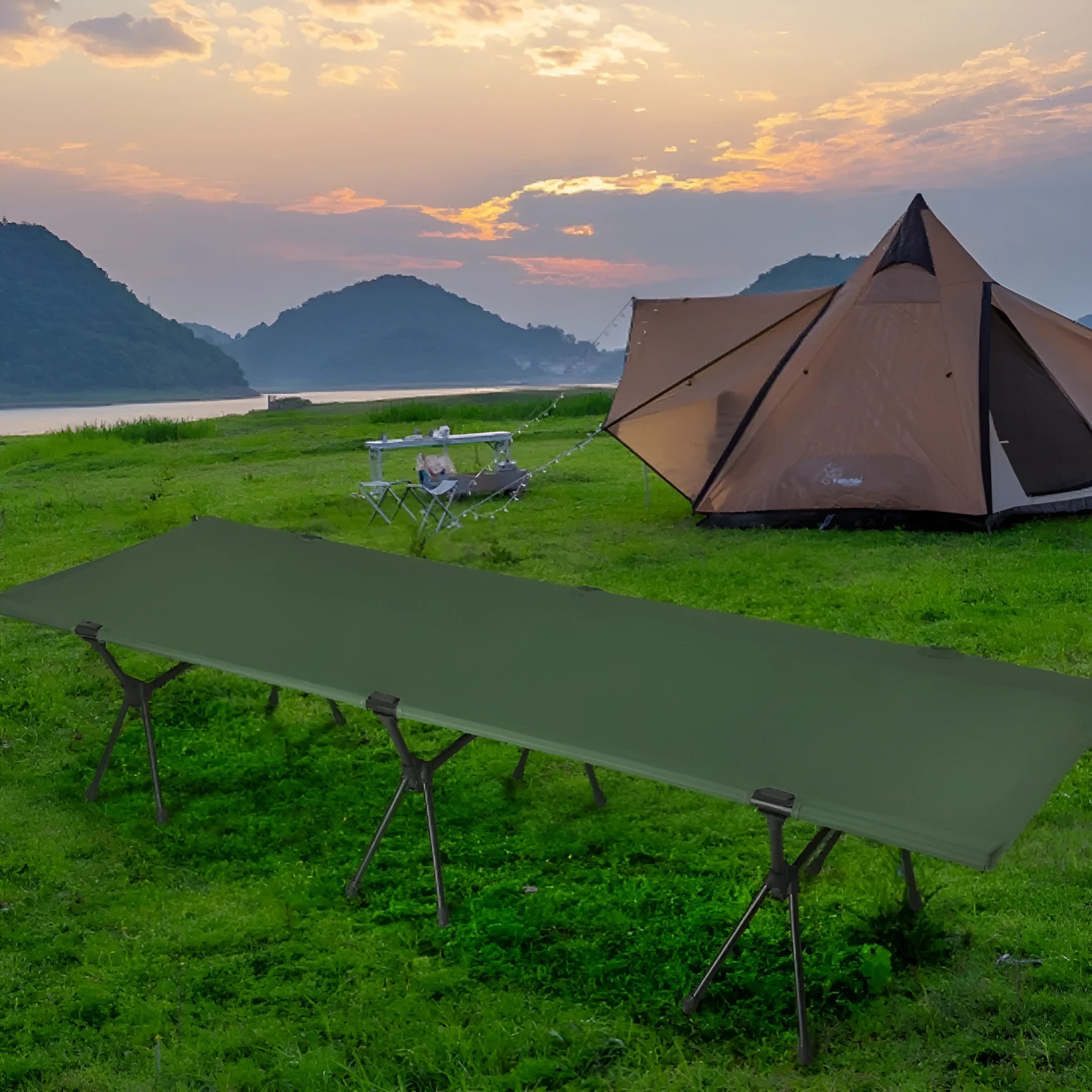 Lightweight portable folding bed in khaki colour with black brackets, showing folded and assembled configurations