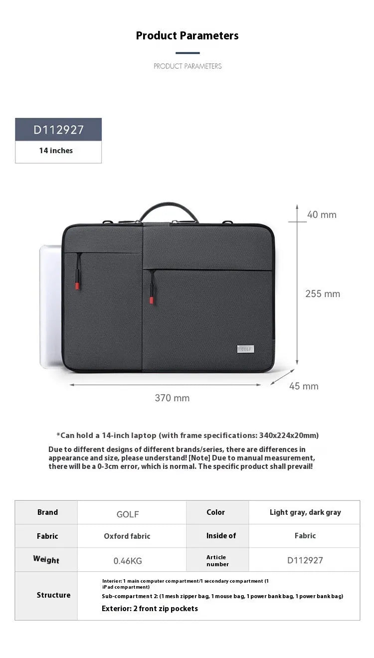 Men's 14-inch laptop protective sleeve bag in light grey Oxford fabric showing shoulder strap