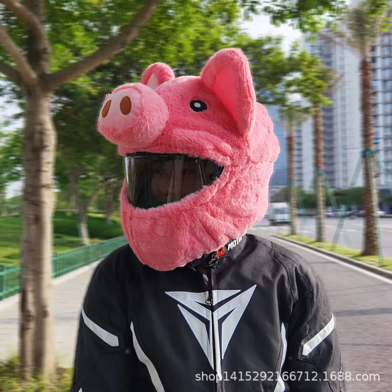 Pink pig cartoon plush hood for motorcycle helmet made from pv velvet cloth