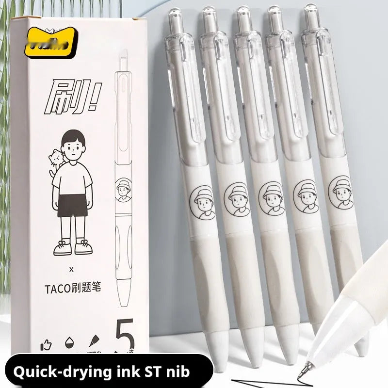 Five white plastic ballpoint pens with 0.5mm black ink tips arranged together