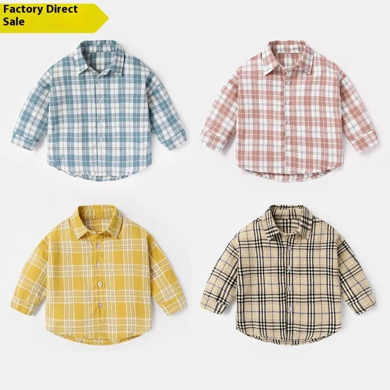 Boys' long sleeve cotton lattice shirt in khaki, featuring animal and cartoon prints, suitable for spring and autumn.