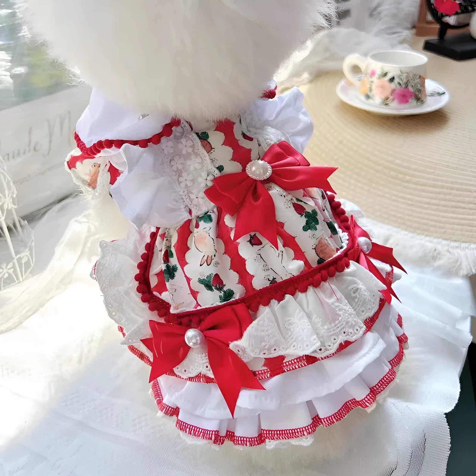 Small white dog wearing a light pink rabbit skirt princess-style polyester dress.