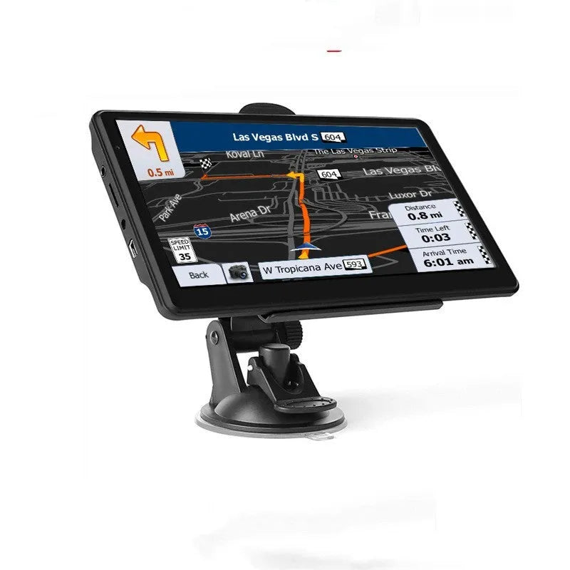 7-inch car GPS navigation device with touch screen display showing map route guidance