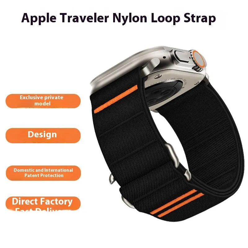 Elastic nylon Apple Watch band with stainless steel buckle shown in Army Green colour.