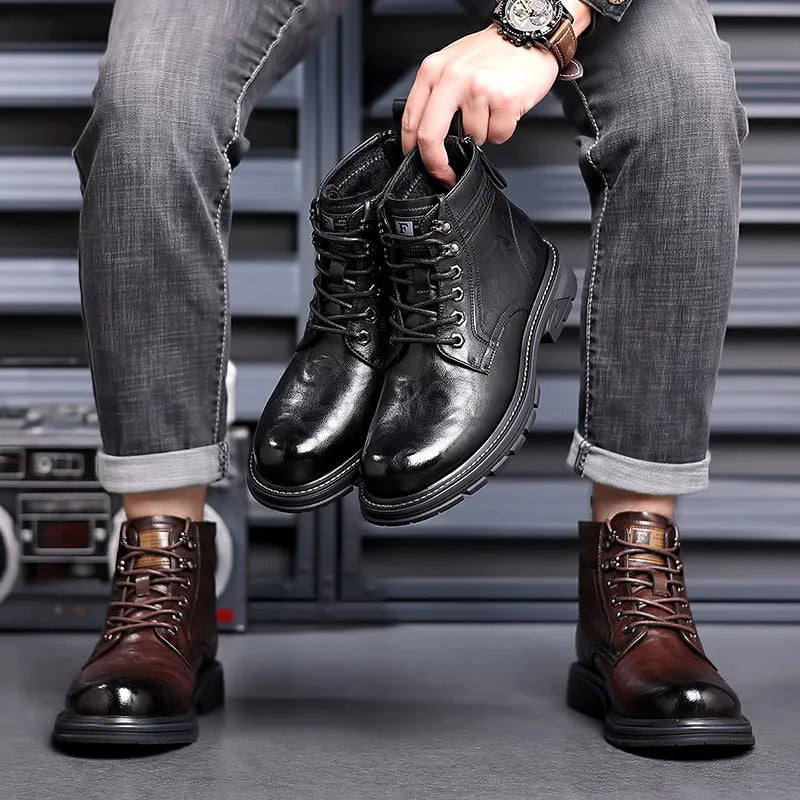 Black and brown leather Martin boots with square heel and high ankle