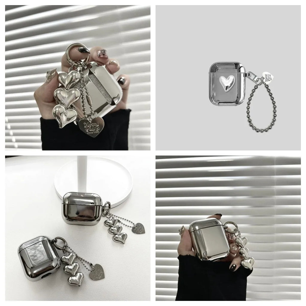 Electroplated solid colour TPU headphone case with heart pendant decoration and chain, for AirPods Pro and iPhone 12.