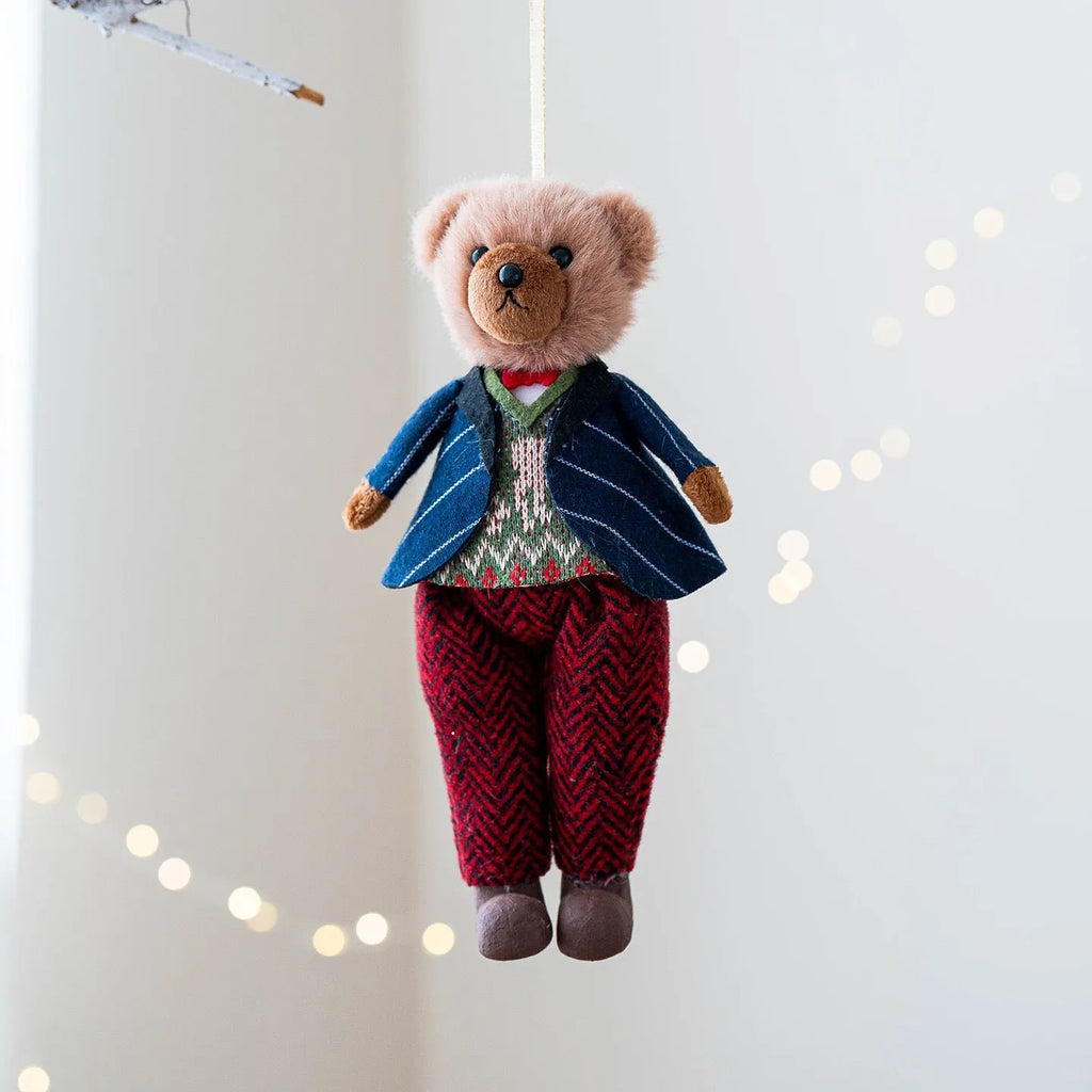 Cartoon style plush bear doll in cotton suit plaid, showing gentleman and princess bear options.