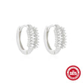 Geometric sterling silver stud earrings with small round diamond-inspired stones in gold and silver finishes