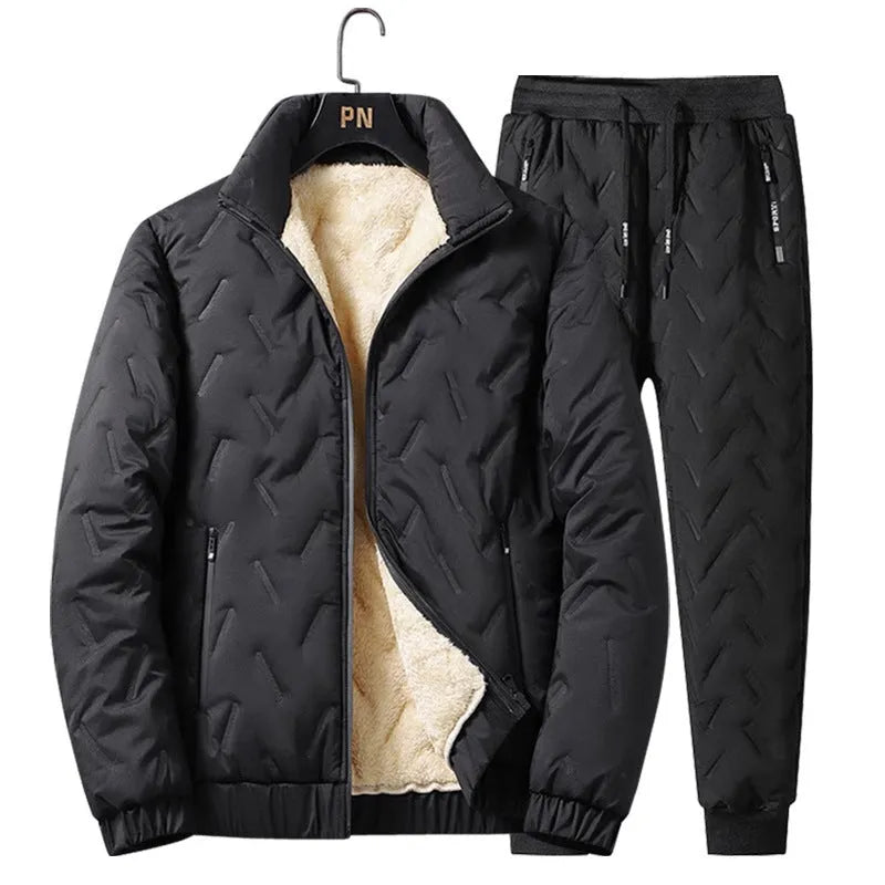 Men's thickened fleece zip jacket and tapered pants set in grey or black, polyester, loose fit, sizes L to 5XL.