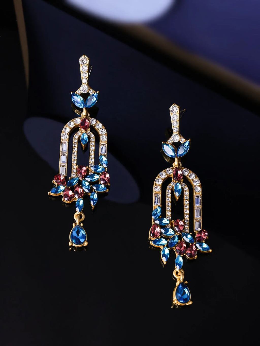 Alloy flower cluster tassel earrings 8.5cm women's drop earrings blue green Chinese style