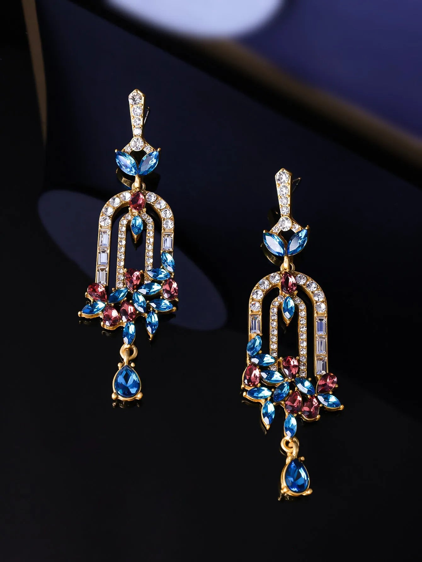 Alloy flower cluster tassel earrings 8.5cm women's drop earrings blue green Chinese style