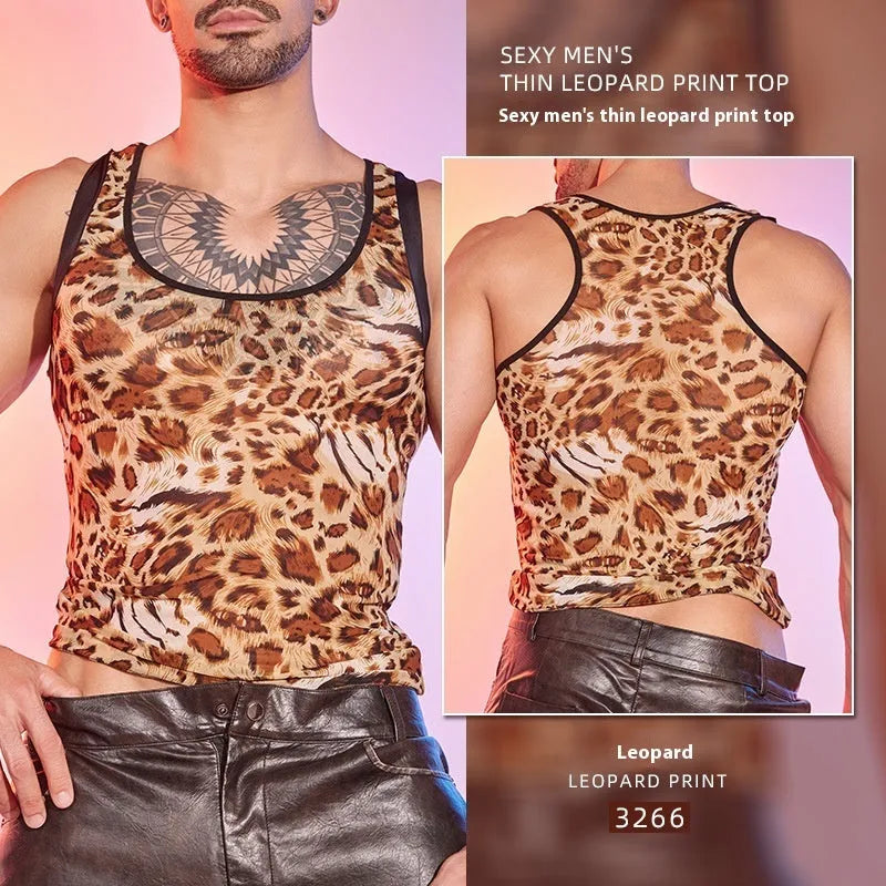 Men's leopard print mesh lingerie top showing high elasticity fabric and open mesh construction