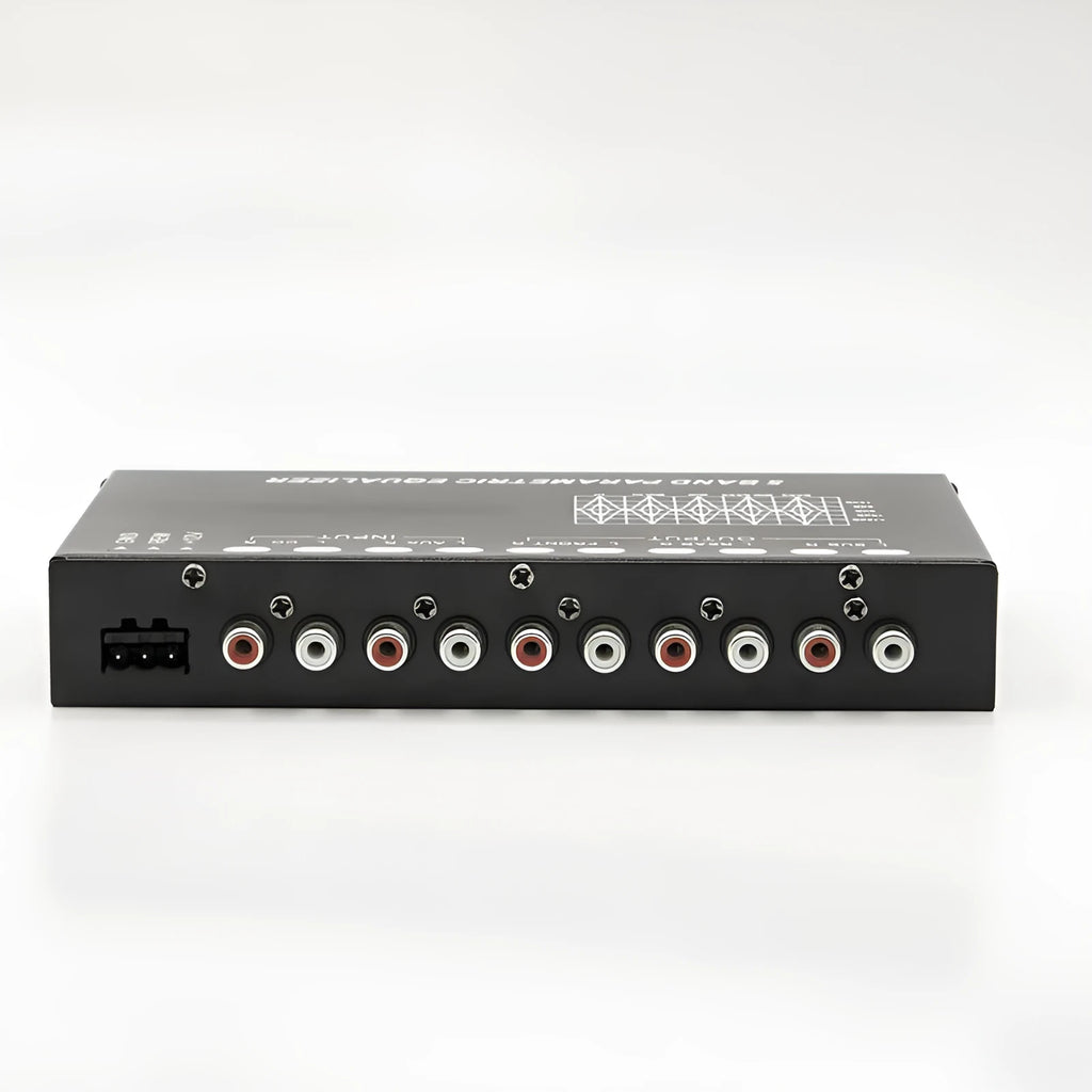 Black car audio equaliser with control knobs for subwoofer volume and frequency adjustment
