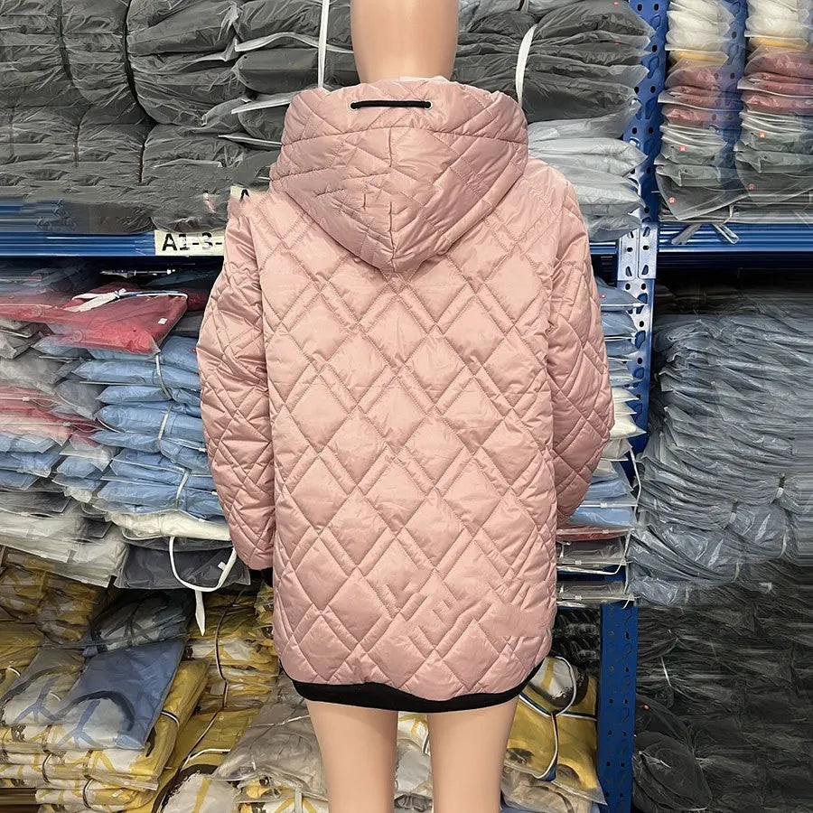 Women's black casual hooded zip-up coat on a hanger