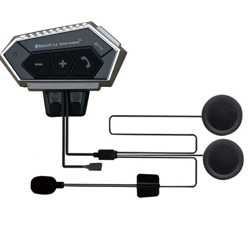 BT12 helmet external Bluetooth headset in black, silver, gold, or dark grey with 10 metre range and waterproof design