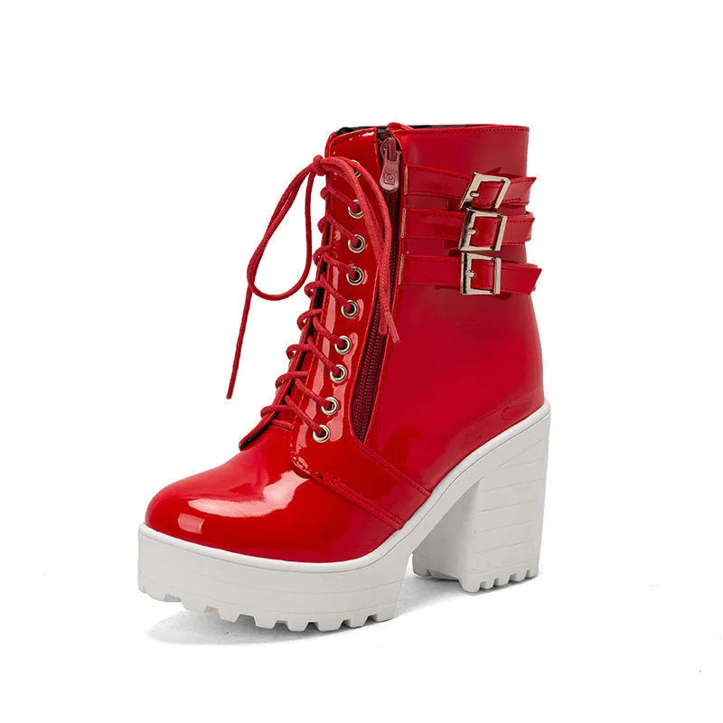 Women's waterproof winter boots with thick 6-8 cm heel and lace-up front in multiple colours