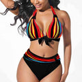 Women's colourful printed plus size bikini swimsuit set on a mannequin.