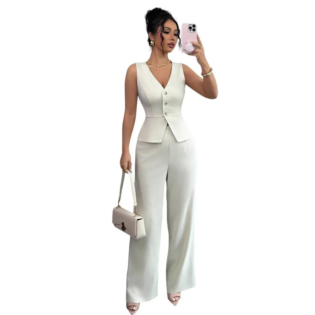 Women's solid colour sleeveless vest and high-waist trousers two-piece set in polyester fabric